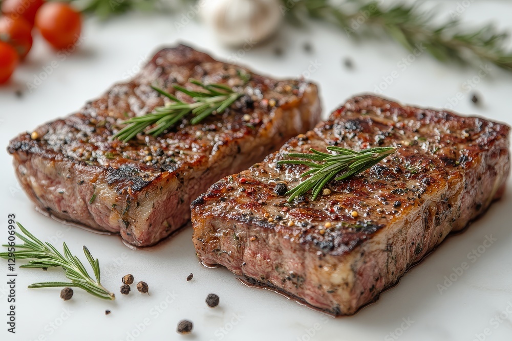Two delicious steaks seasoned with rosemary and spices, isolated on white background, detailed shot, perfect for food lovers. Two delicious steaks seasoned with rosemary and spices, isolated on white background, detailed shot, perfect for food lovers.