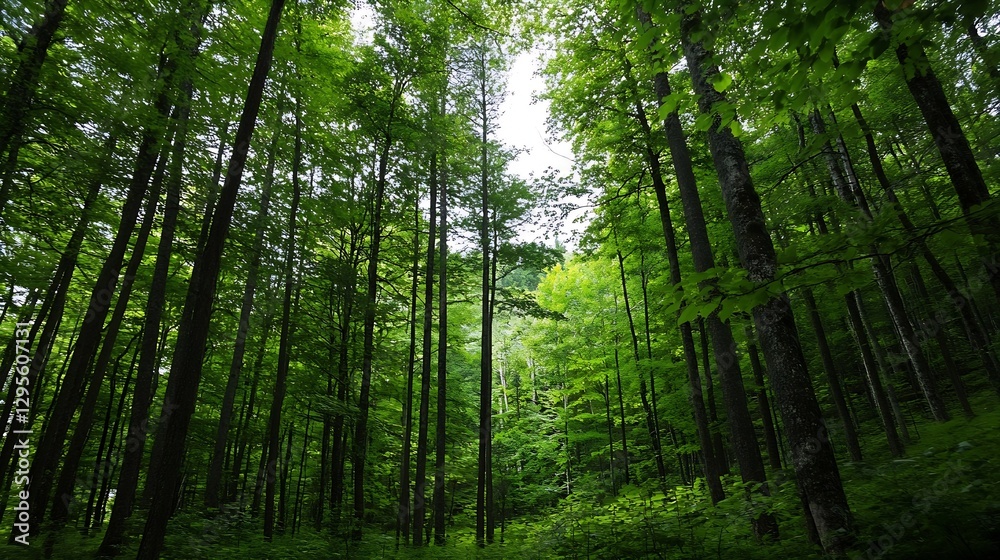 Naklejka premium Serene forest landscape showcasing tall green trees with sunlight filtering through the dense foliage : Generative AI