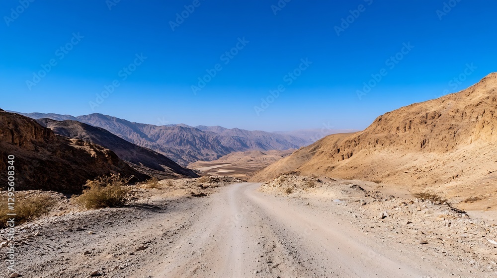 Dusty Road Leading Through Rocky Desert Landscape Under Bright Blue Sky : Generative AI Dusty Road Leading Through Rocky Desert Landscape Under Bright Blue Sky : Generative AI