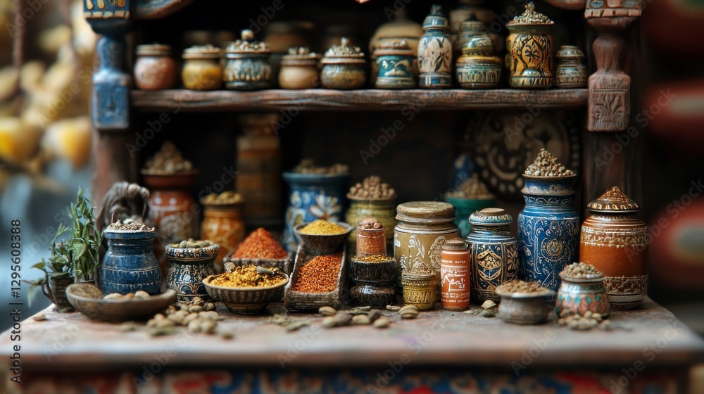 Vibrant spice market display traditional bazaar miniature craft artistic showcase close-up cultural essence Vibrant spice market display traditional bazaar miniature craft artistic showcase close-up cultural essence