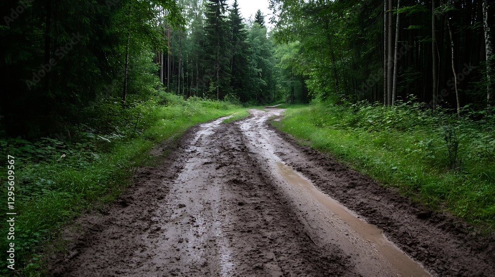 Fototapeta premium Winding muddy road through a lush green forest surrounded by trees after rain : Generative AI