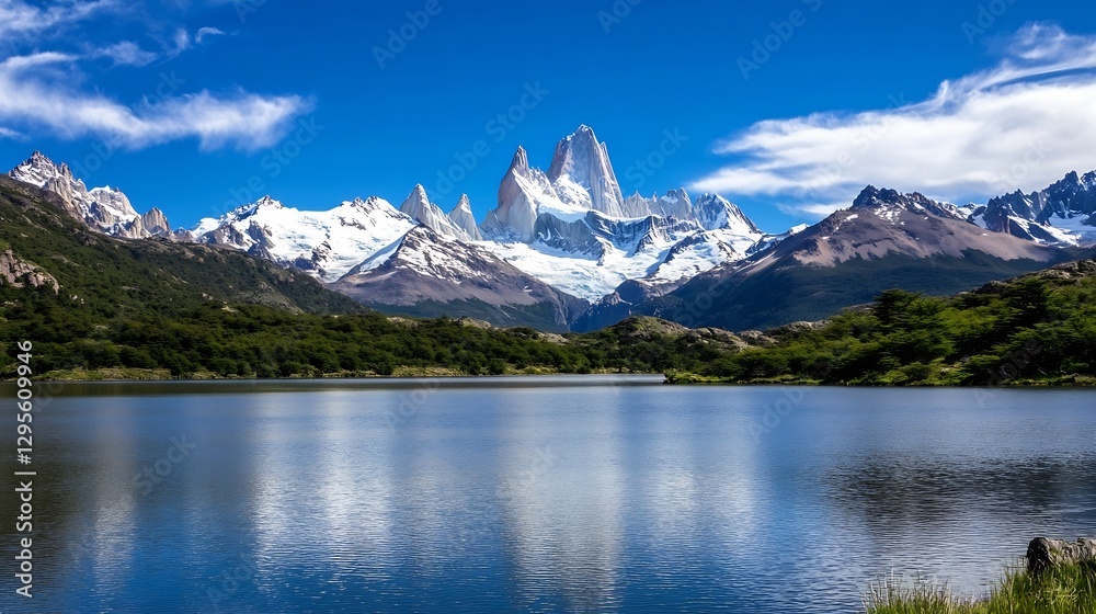 Naklejka premium Breathtaking Mountain Lake Surrounded by Majestic Peaks and Clear Blue Sky : Generative AI