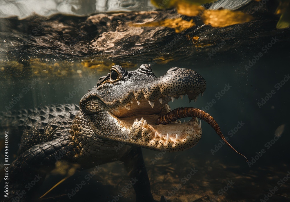 Fototapeta premium Close-Up Underwater View of Alligator with Open Mouth Capturing Prey in Swamp Environment Surrounded by Aquatic Vegetation and Reflected Light