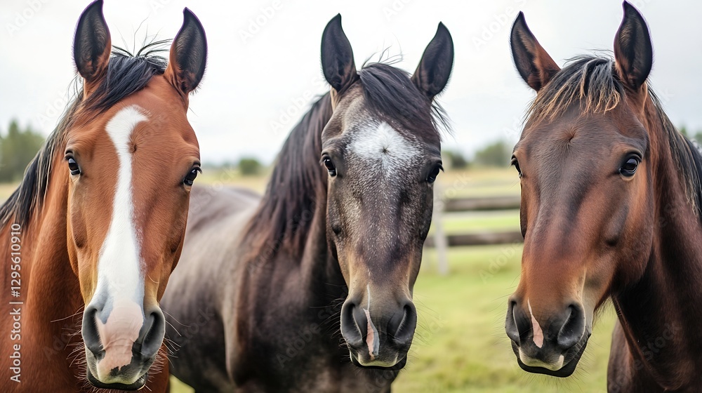 Portrait of three horses standing in a green field with a blurred background of pastures : Generative AI Portrait of three horses standing in a green field with a blurred background of pastures : Generative AI