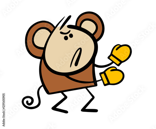 Aggressive little monkey is wearing boxing gloves and attacking an opponent. Vector illustration of a monkey defending himself, a sports competition in the circus arena.