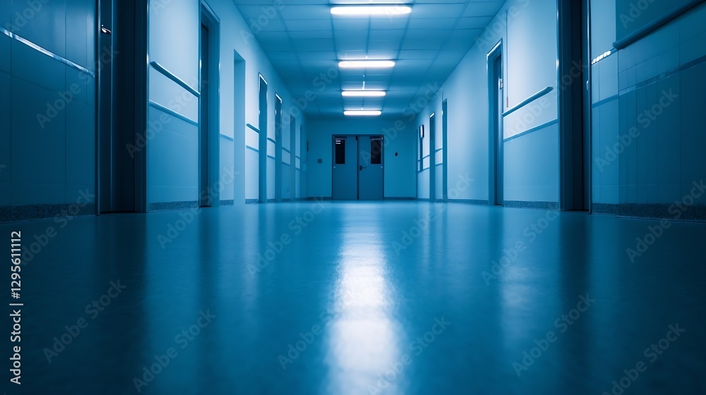 Empty hospital corridor illuminated by bright blue lights creating an eerie atmosphere : Generative AI Empty hospital corridor illuminated by bright blue lights creating an eerie atmosphere : Generative AI