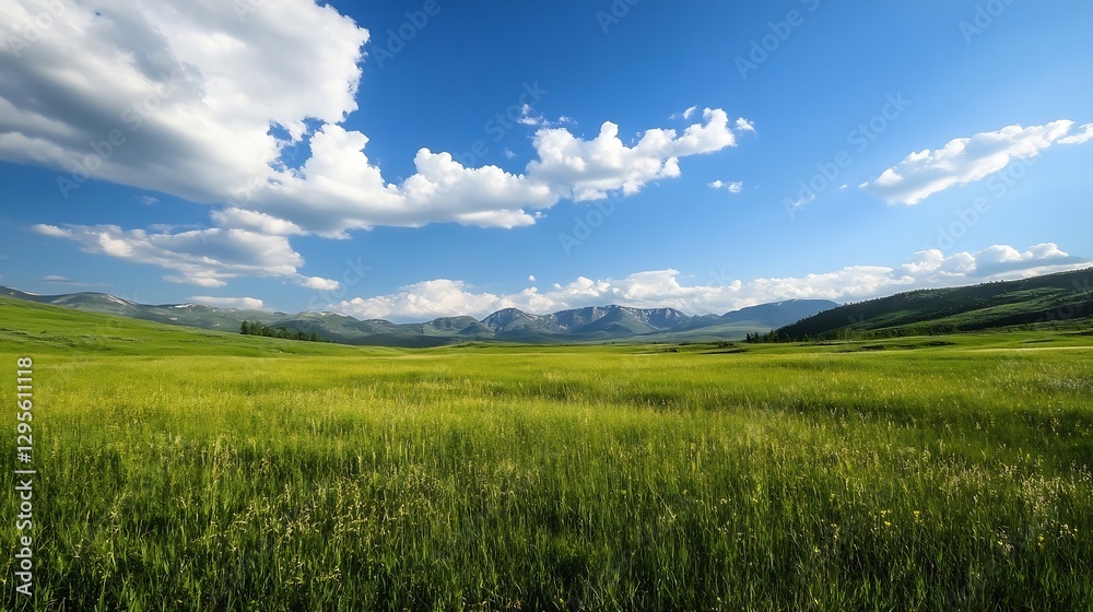 Breathtaking panoramic view of a lush green field against a vibrant blue sky with fluffy white clouds : Generative AI Breathtaking panoramic view of a lush green field against a vibrant blue sky with fluffy white clouds : Generative AI