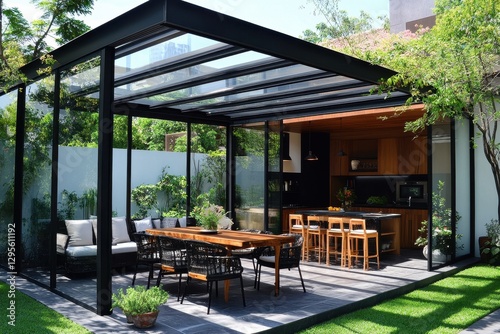 Modern outdoor kitchen with glass roof, stylish furniture, and lush greenery. Perfect for showcasing luxury home design, architecture, and outdoor living concepts.