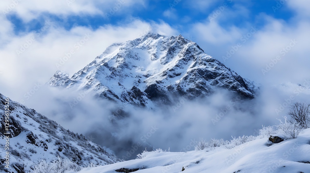 Obraz premium Majestic snowcapped mountain peak surrounded by rolling clouds : Generative AI