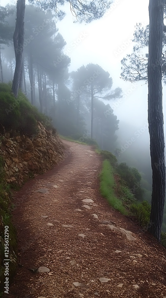 Fototapeta premium Misty mountain path, winding trail