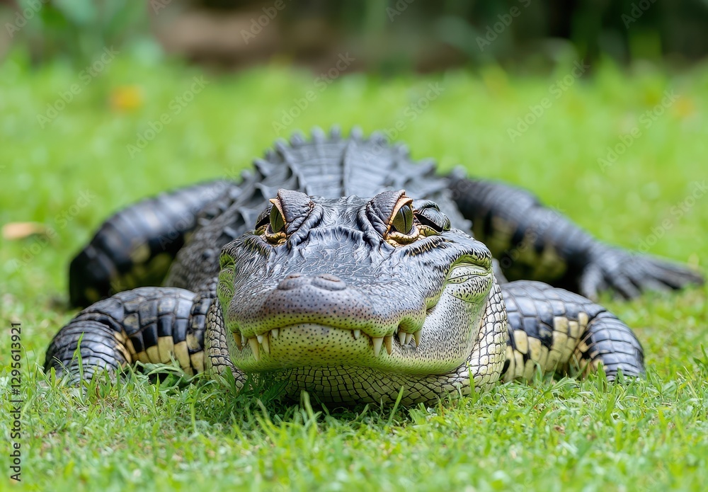 Fototapeta premium Close-Up View of a Large Alligator Lying on Green Grass in Peaceful Natural Habitat, Showcasing Its Intricate Scales and Expressive Eyes