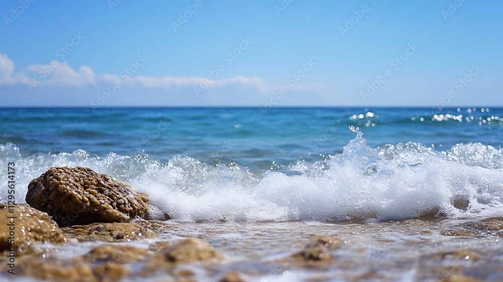 Vibrant Ocean Waves Crashing on Rocky Shore Under a Bright Blue Sky on a Sunny Day : Generative AI Vibrant Ocean Waves Crashing on Rocky Shore Under a Bright Blue Sky on a Sunny Day : Generative AI