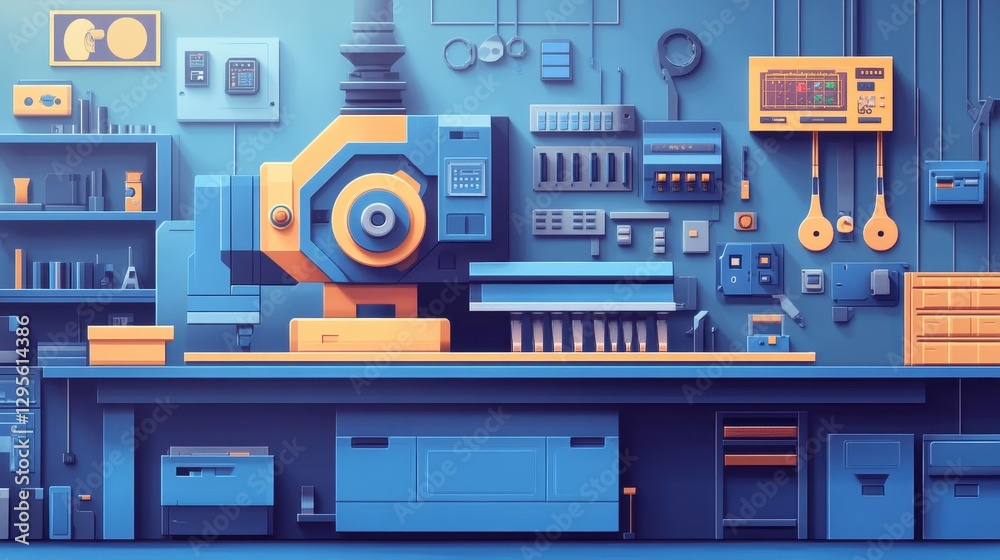 Stylized illustration of a retro workshop, featuring various machinery and tools. Perfect for industrial, manufacturing, or technology concepts.