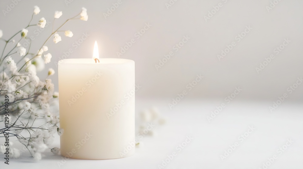 Serene white candle glowing softly next to delicate flowers on a minimalistic background : Generative AI Serene white candle glowing softly next to delicate flowers on a minimalistic background : Generative AI