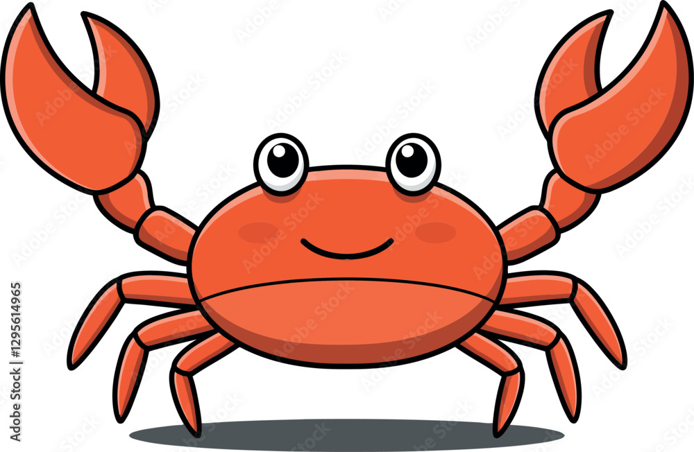 Fototapeta premium Cartoon-style red crab with large claws, cheerful expression, and simple background, showcasing a playful mood in vector illustration