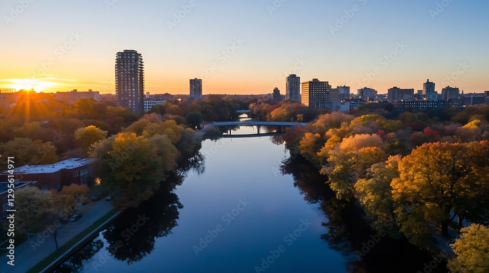 Obraz premium Colorful autumn skyline by the riverside at sunset capturing city beauty and nature : Generative AI