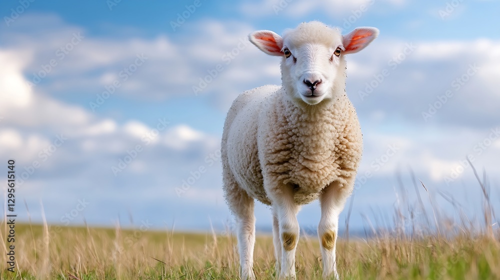 Fototapeta premium Adorable sheep standing in a lush green field with a bright blue sky in the background : Generative AI