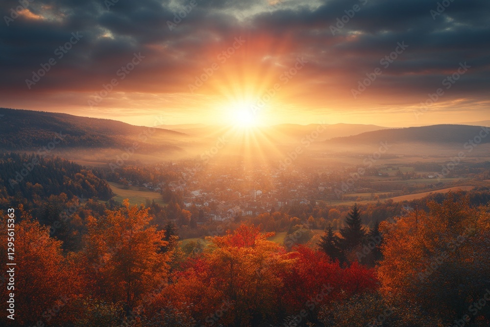 Naklejka premium Autumn sunset over valley town (1)
