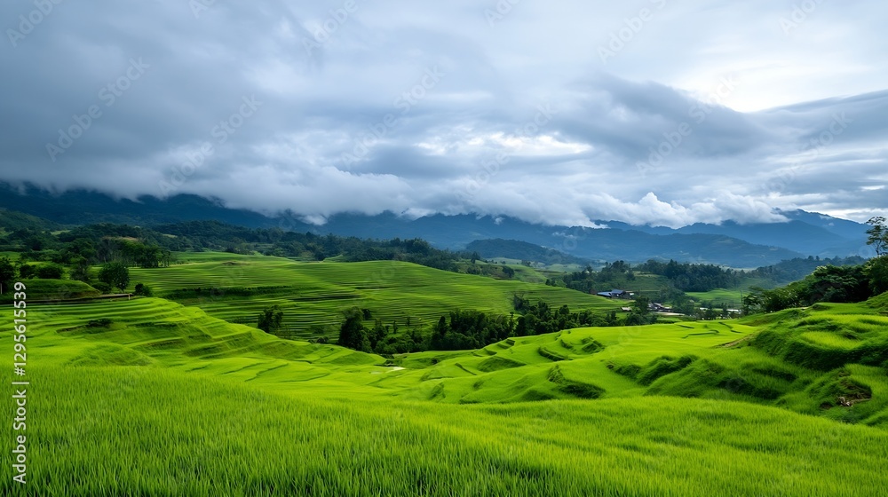 Obraz premium Lush Green Rice Terraces Under Dramatic Clouds in a Scenic Landscape : Generative AI