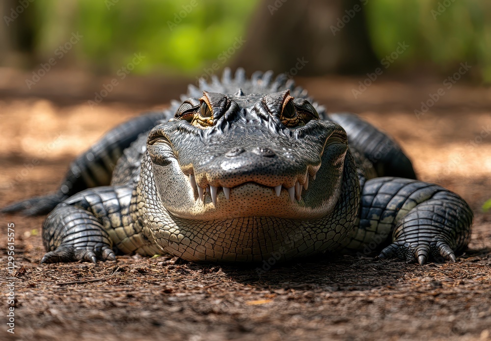 Fototapeta premium Close-Up View of a Relaxed Alligator Lying on a Forest Floor Surrounded by Greenery and Soft Natural Light
