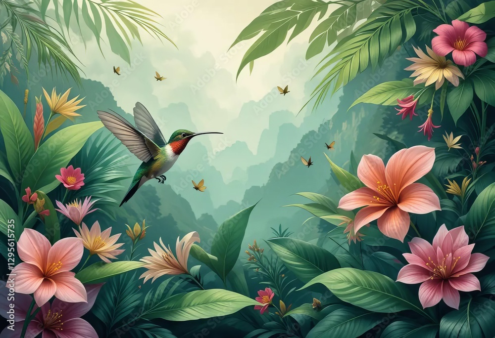 A colorful, hand-drawn illustration of a jungle with exotic birds, plants, and animals.