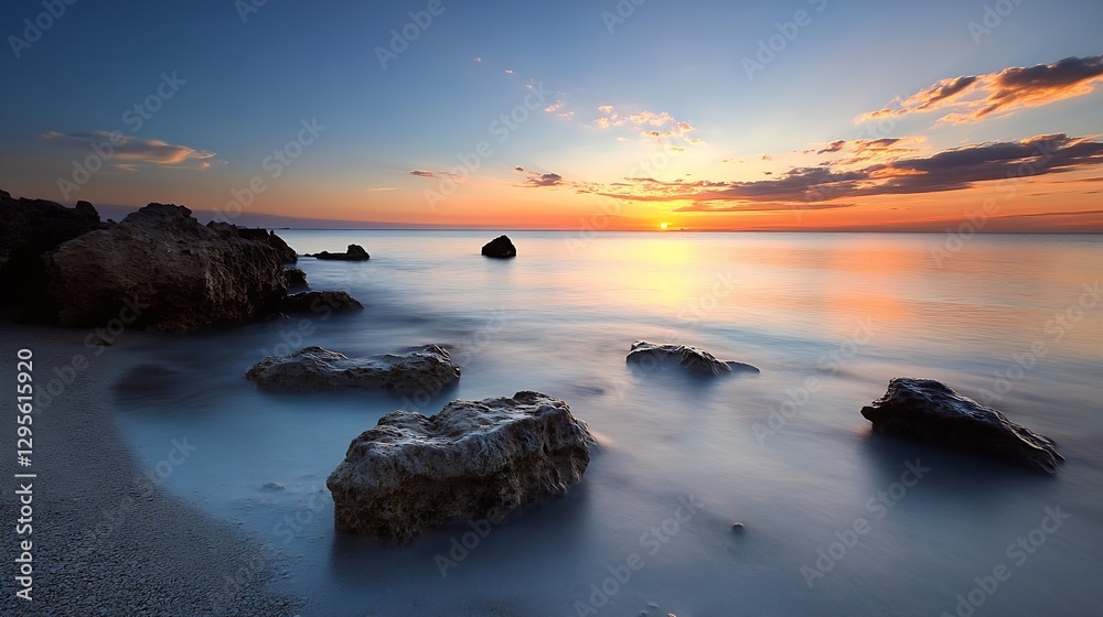 Stunning Sunset Over Calm Ocean with Rocks and Reflections on Water : Generative AI Stunning Sunset Over Calm Ocean with Rocks and Reflections on Water : Generative AI