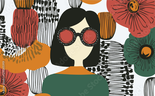Retro sunglasses, woman portrait, background, floral, botanical design, vector illustration, mod fashion girl with vintage flowers and scandi look for backdrop or textiles and fabric