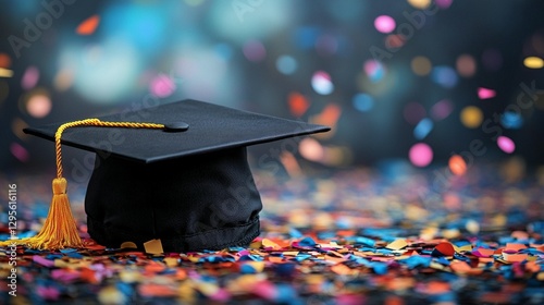 Graduation cap sits amidst colorful confetti; celebratory achievement concept.