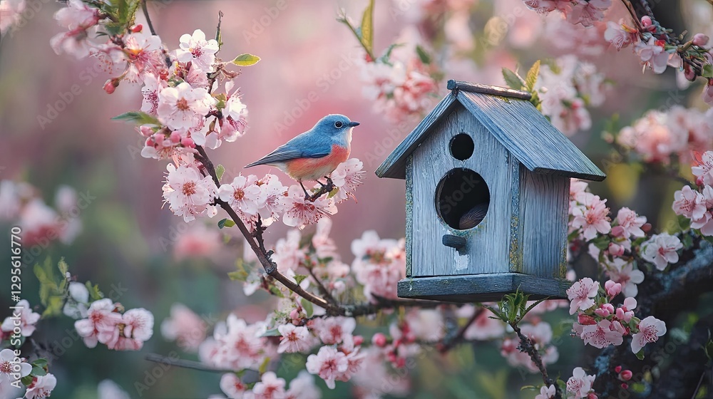 Birdhouse and small bird on a blooming tree in the garden Birdhouse and small bird on a blooming tree in the garden