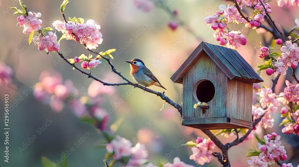 Birdhouse and small bird on a blooming tree in the garden Birdhouse and small bird on a blooming tree in the garden