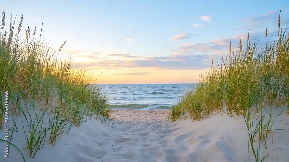 Scenic view of sandy beach framed by grass dunes at sunset creating a serene coastal escape : Generative AI Scenic view of sandy beach framed by grass dunes at sunset creating a serene coastal escape : Generative AI