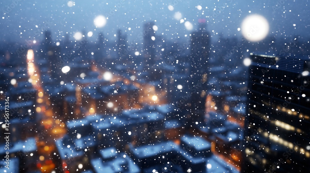 Obraz premium Snow falling over a vibrant city at dusk with blurred cityscape background : Generative AI