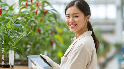 Australian agricultural scientist woman holding tablet working in chile plant modern greenhouse