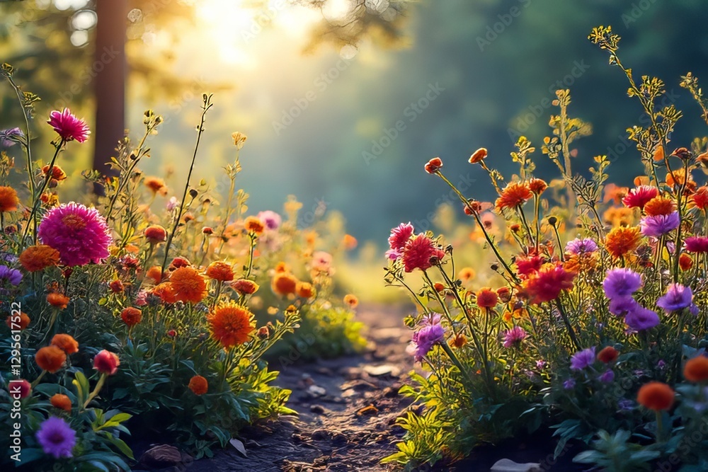 Vibrant Flowers Blooming in a Garden Path at Sunrise Vibrant Flowers Blooming in a Garden Path at Sunrise