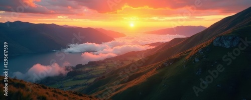 Golden sunrise illuminates Lake District valley, below a sea of clouds; aerial shot , panorama, lake district, sun