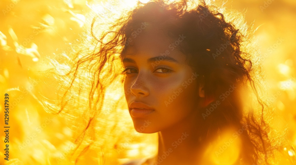 Fototapeta premium Portrait of a Young Woman with Curly Brown Hair in Golden Sunlight