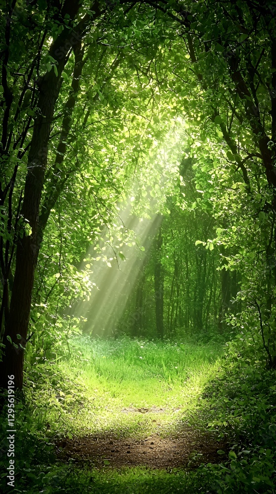 Obraz premium Sunbeams Through Lush Green Forest Canopy