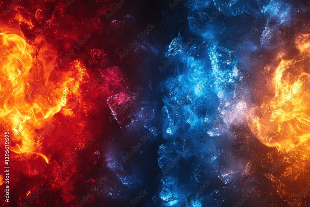 Fototapeta premium Fiery orange flames contrast cool blue ice, creating a dramatic visual. Perfect for concepts of duality, conflict, or contrasting elements.