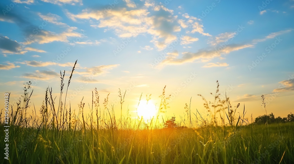 Fototapeta premium Stunning Sunset Over Green Grass Field with Vibrant Sky and Natural Beauty : Generative AI