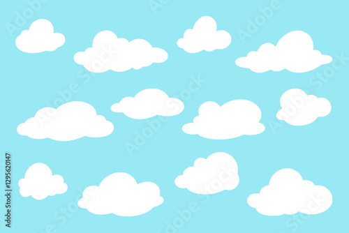 A set of white clouds flying on a sky-blue background, hand-drawn, isolated, vector illustration, flat design. Decorative simple blank design element for decoration, cover. Text field, bubble