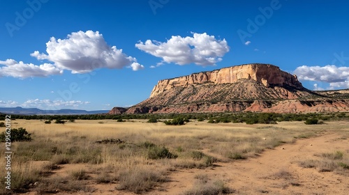 Majestic Plateau Surrounded by Clear Blue Skies and Fluffy White Clouds : Generative AI
