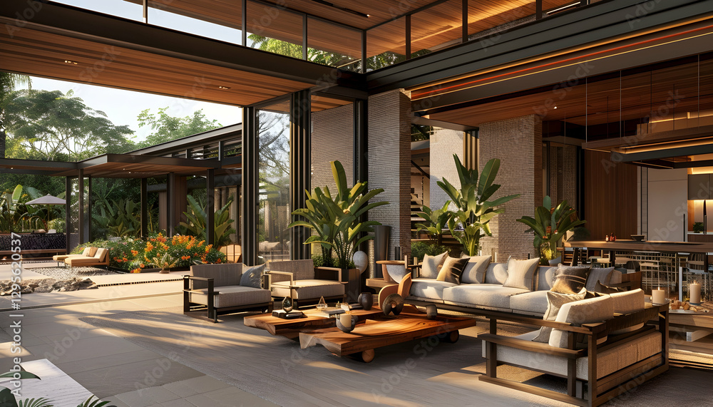 Fototapeta premium Modern Tropical House Patio 3D Illustration