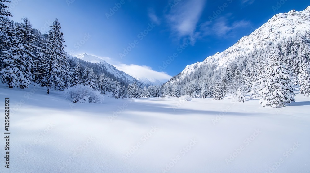 Stunning winter landscape showcasing a peaceful snowcovered forest under a blue sky and distant mountains : Generative AI Stunning winter landscape showcasing a peaceful snowcovered forest under a blue sky and distant mountains : Generative AI