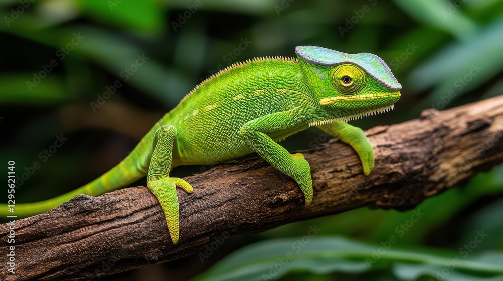 Vibrant Green Lizard Perched on Branch Surrounded by Lush Tropical Foliage in Nature Vibrant Green Lizard Perched on Branch Surrounded by Lush Tropical Foliage in Nature