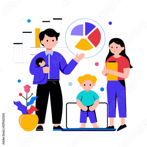 A diverse family group, a father, mother, and child, in business attire, presenting at a conference or in a professional setting.