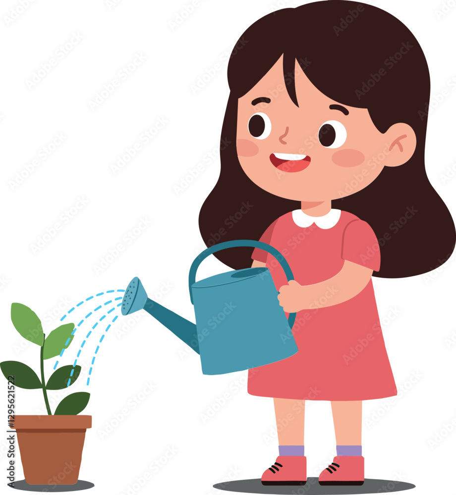 Cute girl watering a small green plant in a brown pot, showcasing a cheerful atmosphere in a flat vector illustration Cute girl watering a small green plant in a brown pot, showcasing a cheerful atmosphere in a flat vector illustration