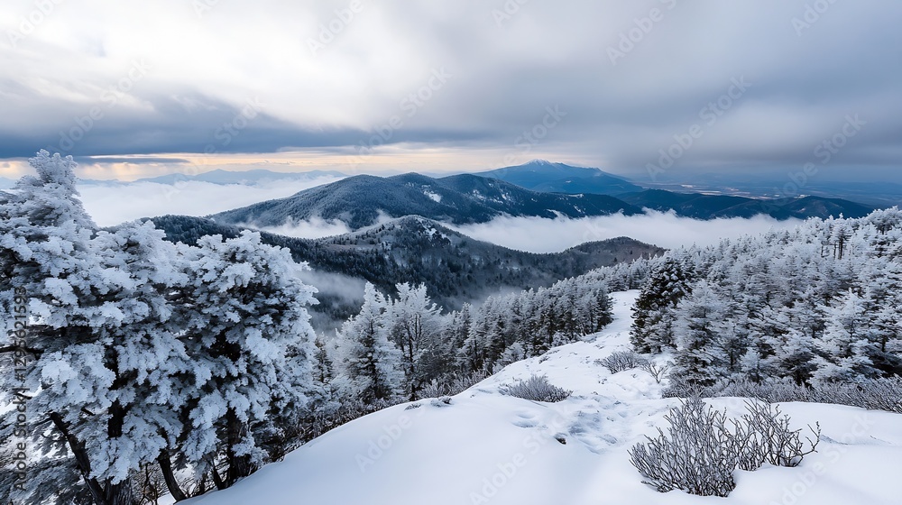 Obraz premium Stunning winter landscape showcasing snowcovered trees and a dramatic mountain view under a cloudy sky : Generative AI