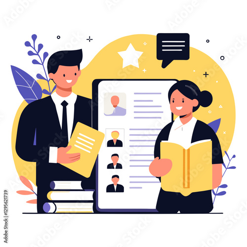 Business professionals reviewing candidate profiles in digital setting. Man in suit presents candidate information to woman in formal attire, modern office environment.