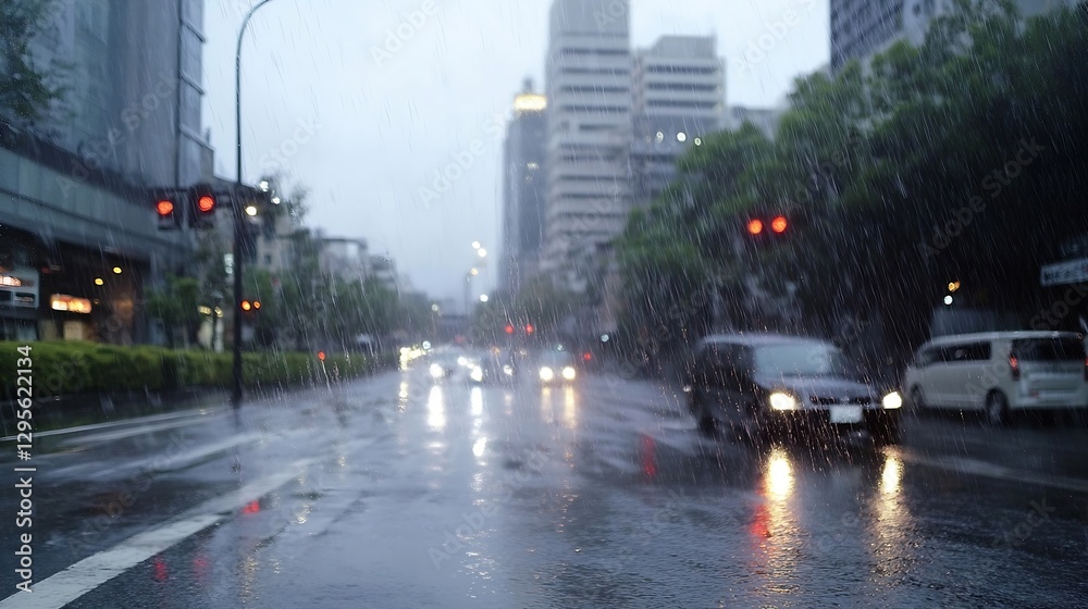 Naklejka premium Urban Rainy Night Scene with Blurry Cars and Neon Lights Reflecting on Wet Road : Generative AI
