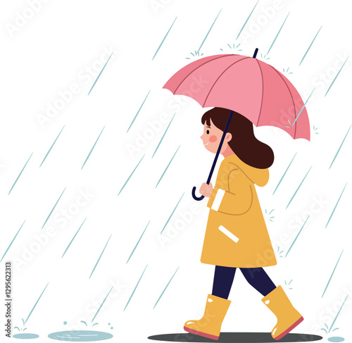 Young girl in yellow raincoat and boots walking under pink umbrella in the rain, minimal vector illustration